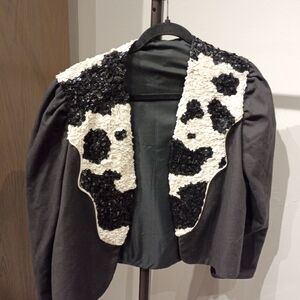 Vtg 80s Modi Rockabilly  Black & White cow print Sequin Cropped Jacket S/M